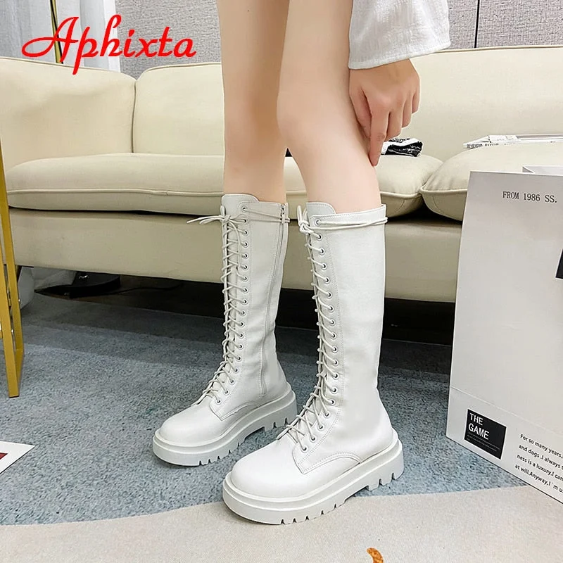 Aphixta New Winter Goth Shoes Women's Long High Boots Leather Cross-Tie Lace-up Shoes Female Fashion Platform Botas Mujer