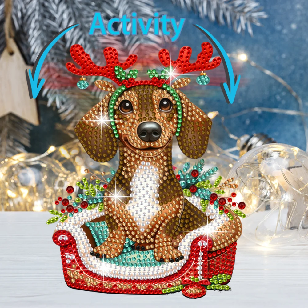 DIY Xmas Dachshund Acrylic Shaking Head Desktop Diamond Painting Art Kits for Kids