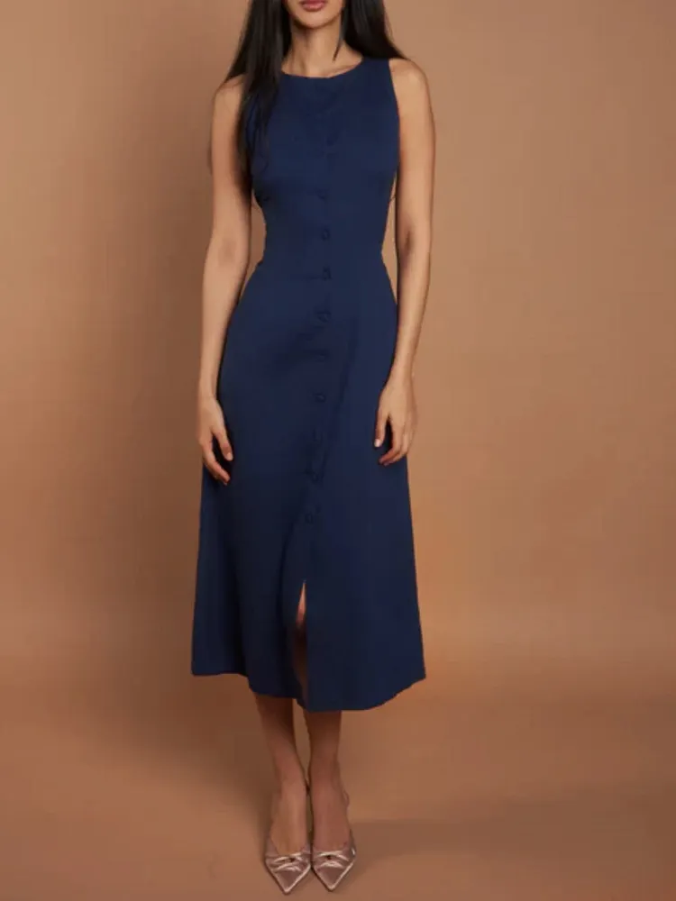 Navy Sleeveless Button Midi Dress