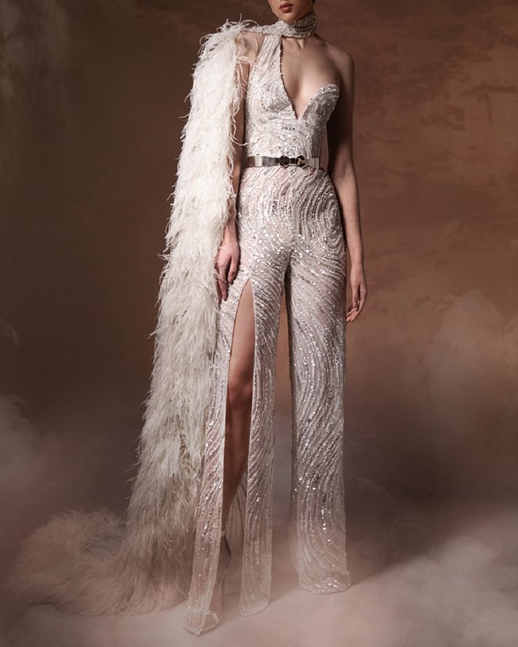 One-shoulder Waist Slit Jumpsuit