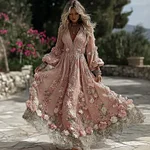 Women's Vintage Floral Embroidered Linen Blend Dress - Image 2