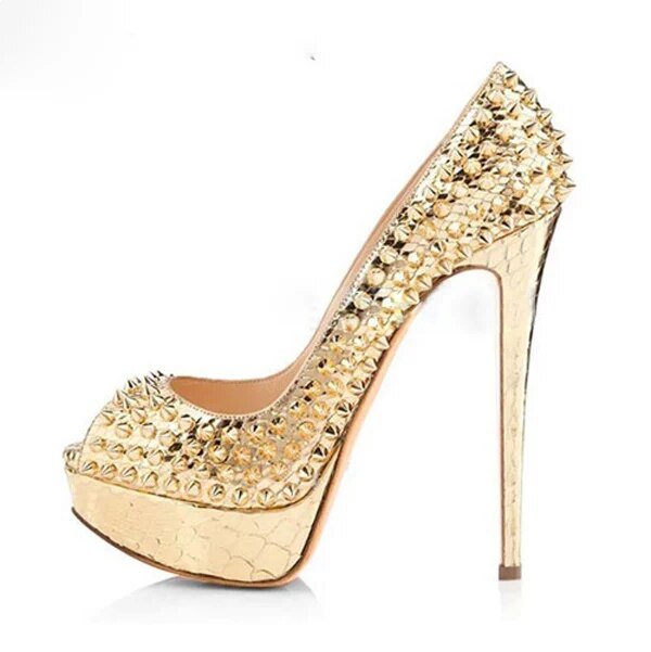 VCSHOES Golden Rivets Platform Peep Toe Pumps Wedding Shoes Bride Stiletto Heels Women Spikes High Heels Banquet Dress Shoes