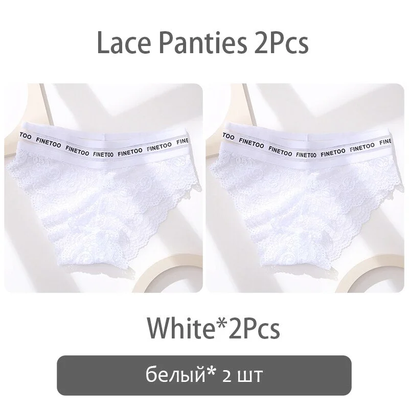 FINETOO 2Pcs Lace Panties Women Sexy Transparent Briefs Low Waist Floral Underwear Fashion Ladies Underpants L-2XL Girl Lingerie