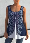 Plus Size Floral Print Decorative Button Faux Two Piece Tank Top