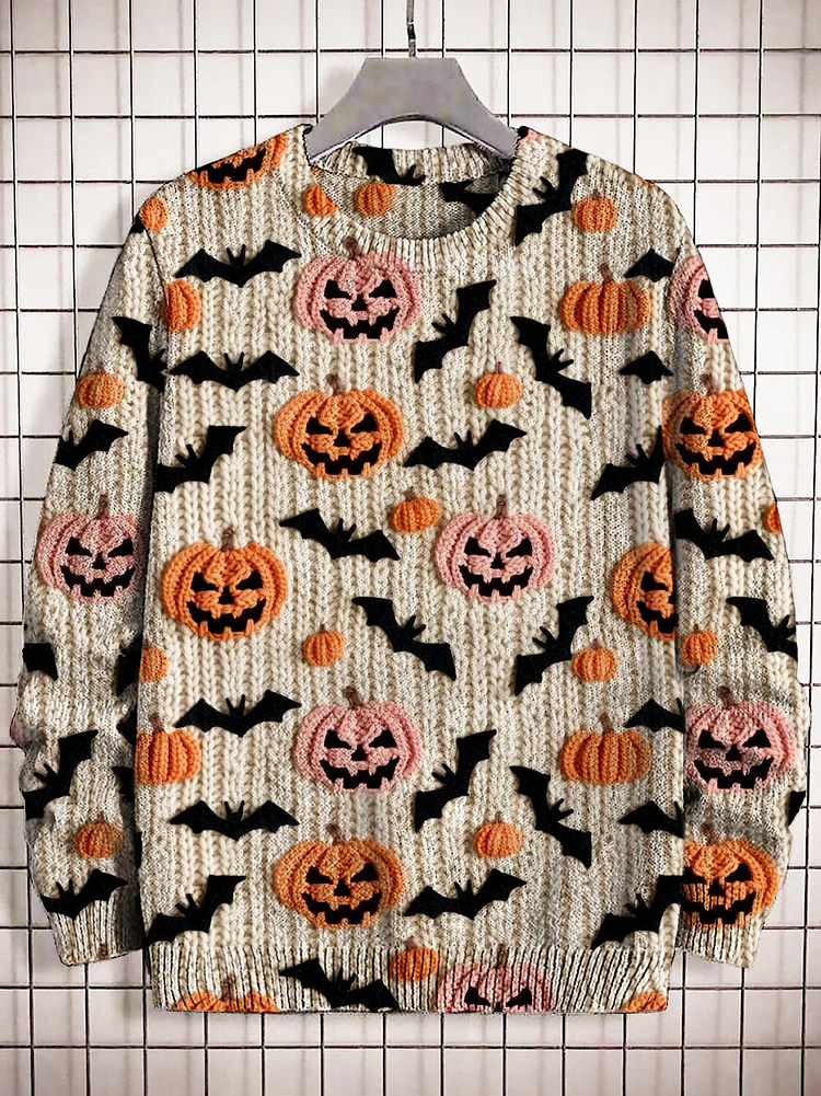 Men's Pumpkins And Bats Felt Embroidery Art Print Knit Sweatshirt