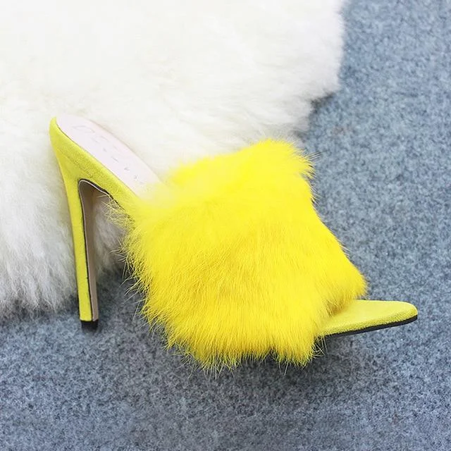 Candy Color Luxury Rabbit Fur High Heel Sandals Slippers Large Size Sandal Shoes