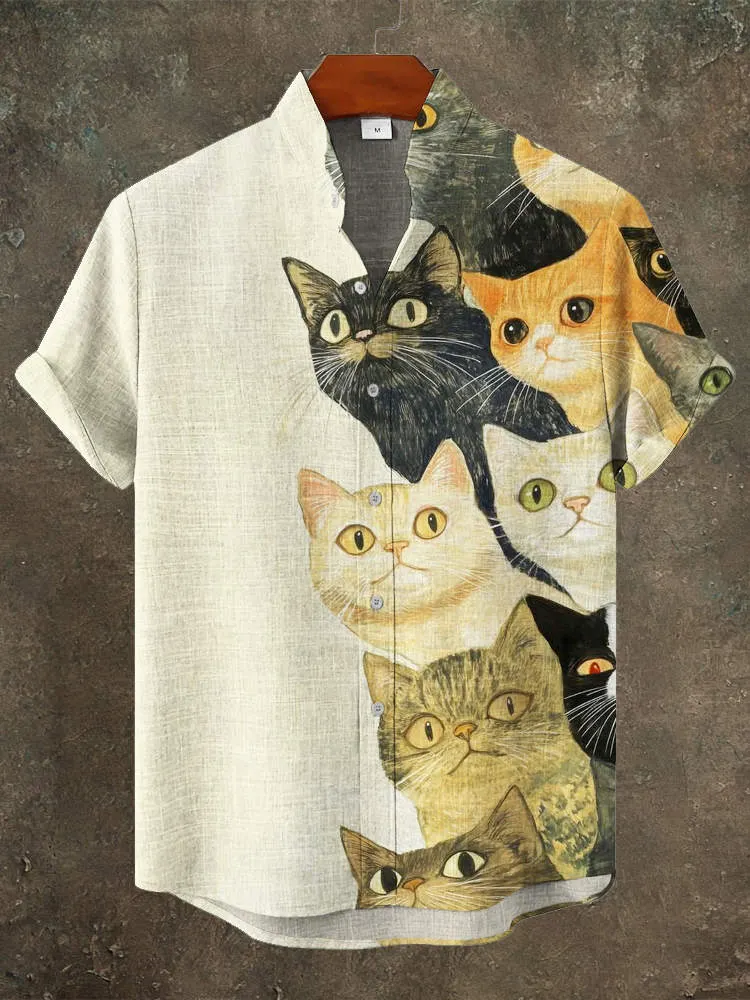 Vintage Japanese Cat Print Men's Linen Short Sleeve Shirt