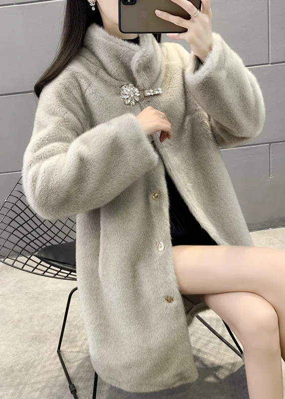 New Grey Stand Button Collar Patchwork Fuzzy Fur Fluffy Coats Winter