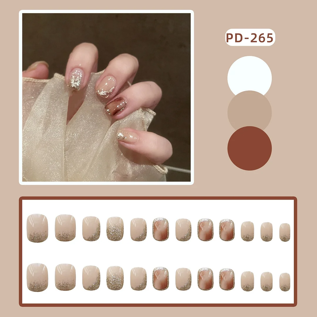 24Pcs Coffee Color With Grids Heart Designs False Nail Full Cover Fake Nails with Glue Detachable Wearable Manicure Nail Tips-Nail Inspo