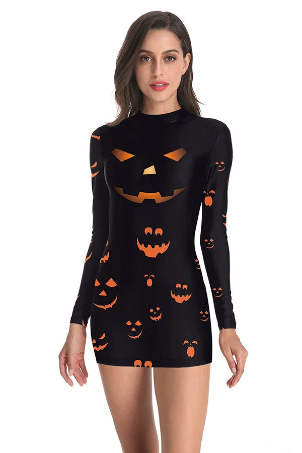 Halloween Jack O'Lantern Print Dress Tangerine-elleschic