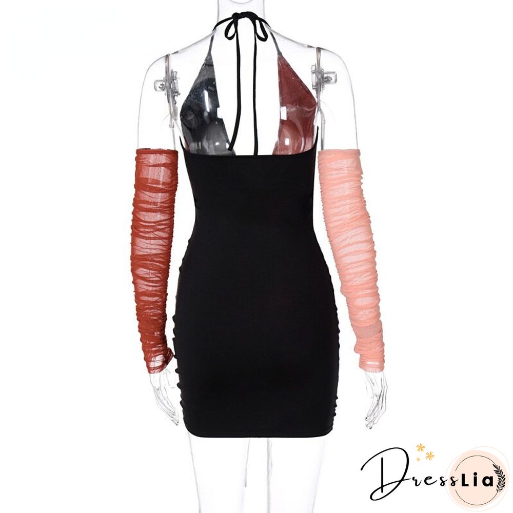 Sexy Club Party Pull Cord Wrinkle Hartler V Leader Sleeve Pencil Miniskirt Women's Puzzle Dress