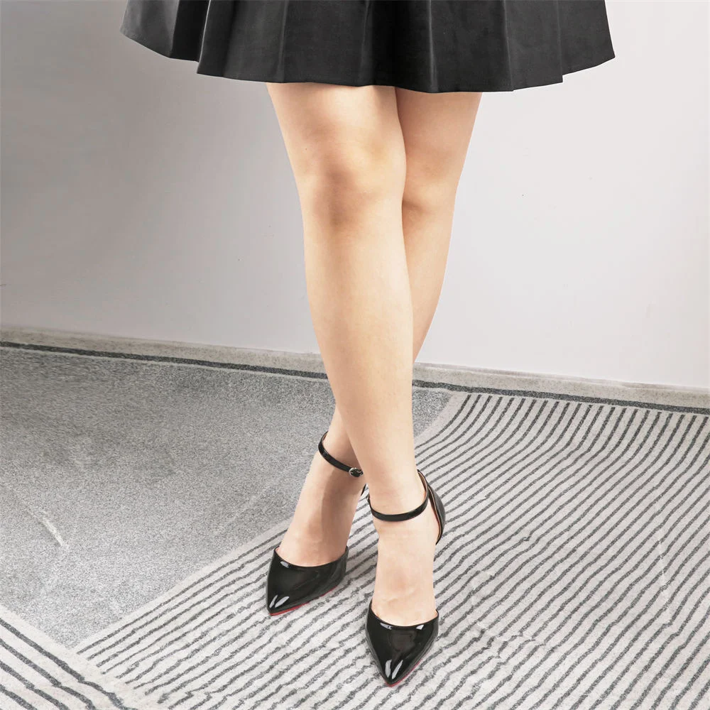 100mm Women's Ankle Strap Pointed Toe Pumps Wedding Party Red Bottoms High Heels Stiletto Shoes-MERUMOTE