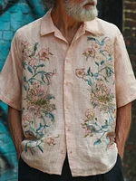 Men's Vintage Floral Embroidered Comfy Linen Shirt