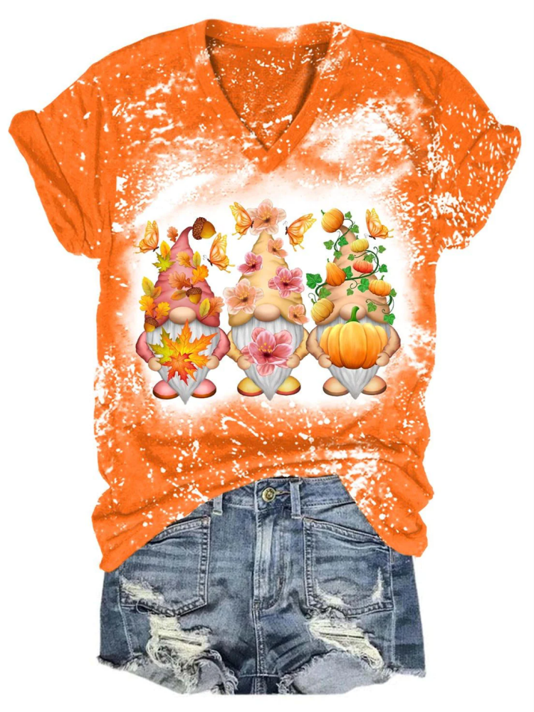 Fall Flower Butterfly Gnomes V-Neck T-Shirt