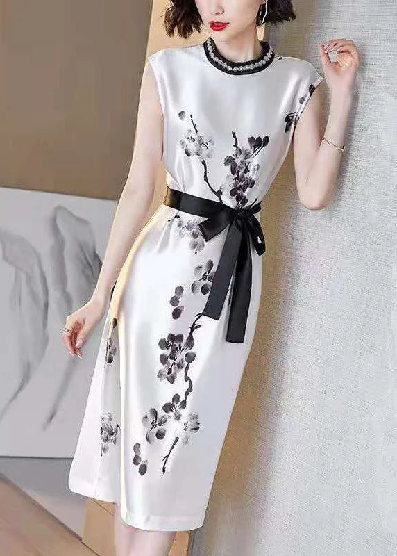 Women White Cinched Ink Print Silk Dresses Sleeveless