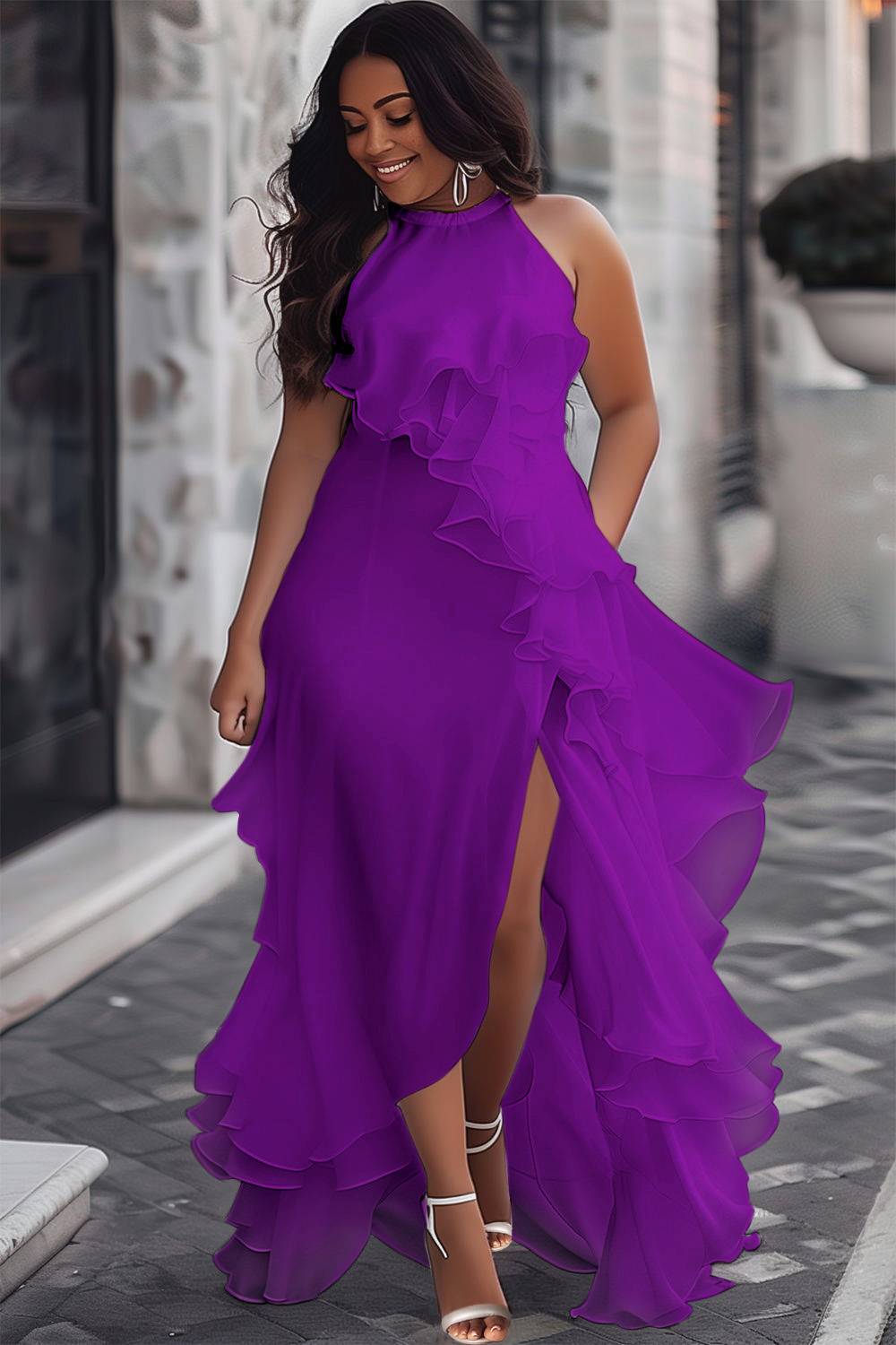 Xpluswear Design Plus Size Wedding White Halter Collar Sundress Split Ruffle Maxi Dresses