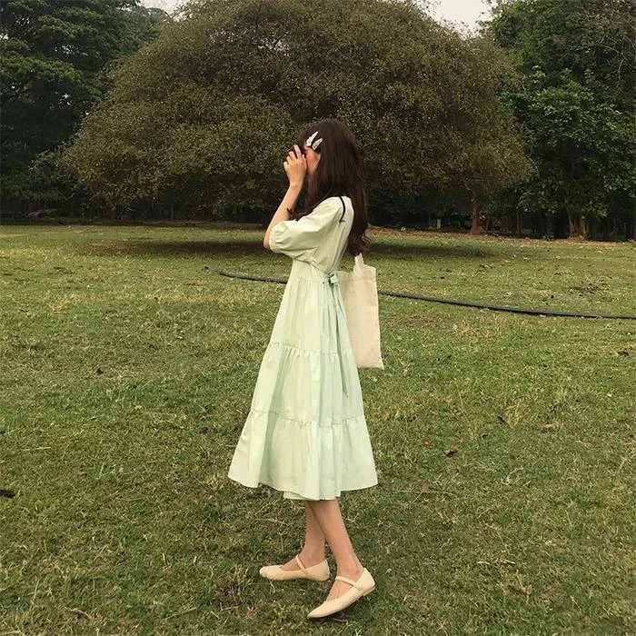 Dresses Women Loose Female Summer Kawaii Fashion Korean Style Sweet All-match Round Neck Ulzzang Mujer Ropa Vestidos Pure Color