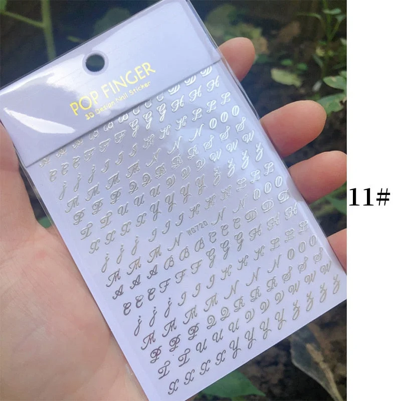 1 Sheet New Roman English Alphabet Number 3D Nail Stickers Christmas Animals iridescent Gold Silver Word Small Letters Nail
