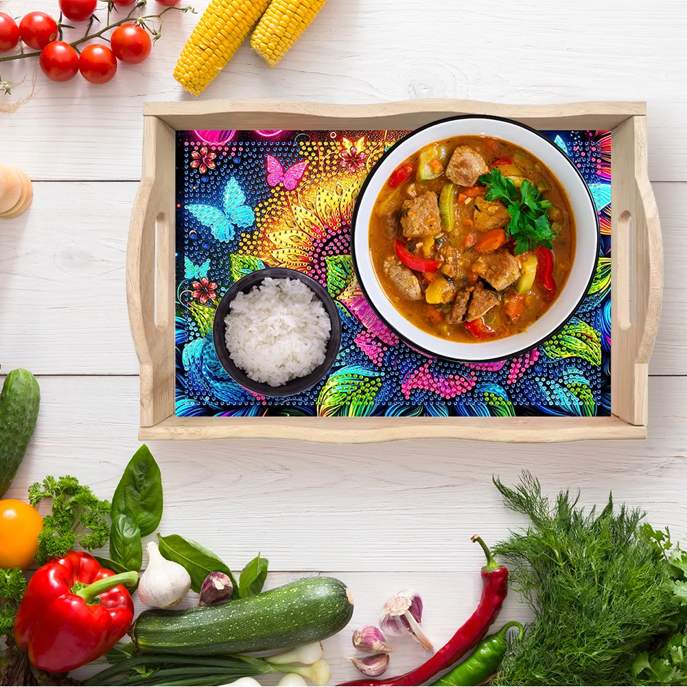 Butterfly Diamond Painting Wooden Serving Tray with Handles Home Decor (C)