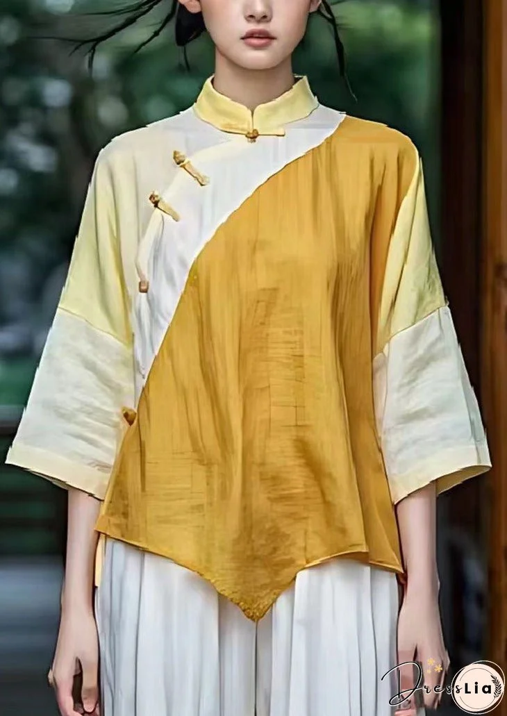 Yellow Patchwork Linen Chinese Style Top Asymmetrical Design Summer