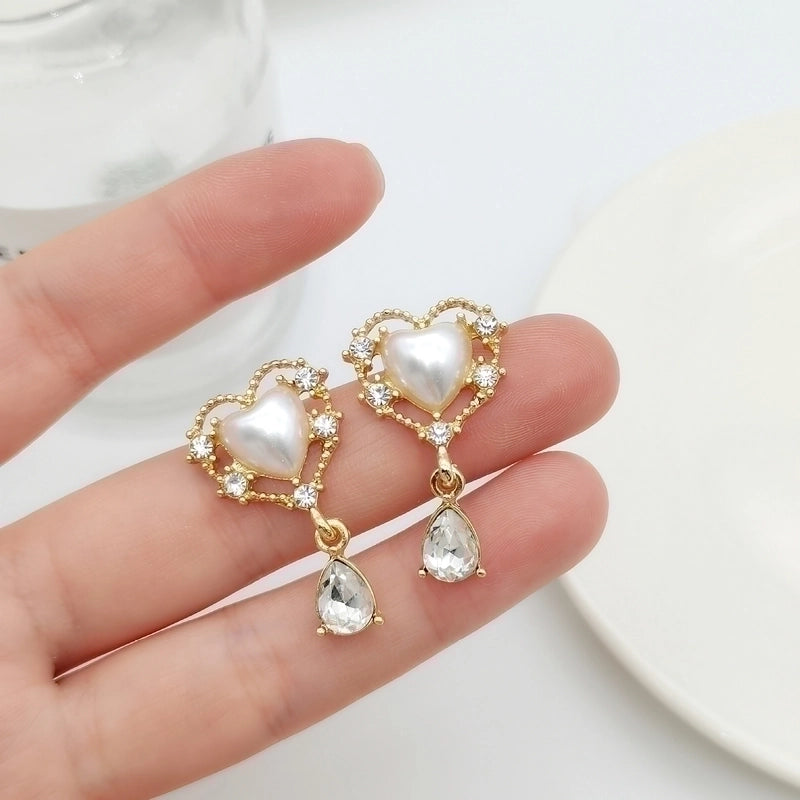 Minimalist Heart Shape Flower Resin Inlay Artificial Pearls Rhinestones Drop Earrings 1 Pair