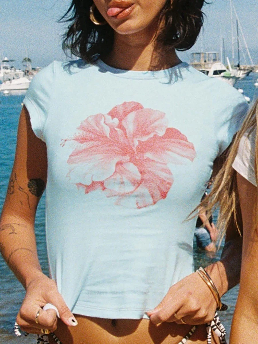 Athvotar Athvotar New Flower Print Short-Sleeved T-Shirt Girl Sexy Hottie Breathable Top