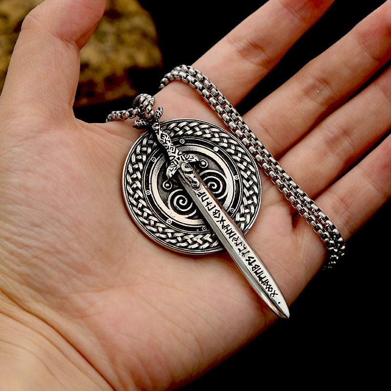 Viking Rune Sword & Shield Pendant: A Stainless Steel Emblem of Valor 