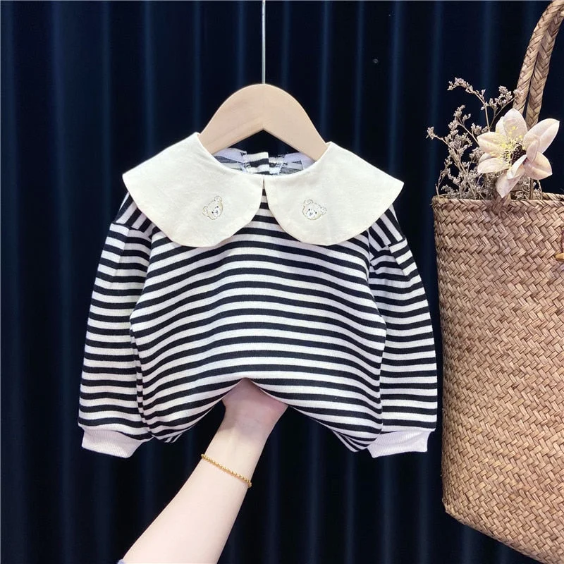 Spring & Autumn Sweatshirt for Girls Newborn Baby Long Sleeve Stripe Tops Fashion Bear Clothes for Toddler 4 6 8 Years 2021