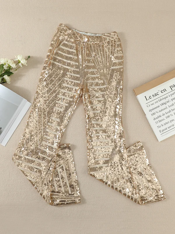 Sequin Sparkle: High-Waisted Flared Pants with Contrasting Color Stripes