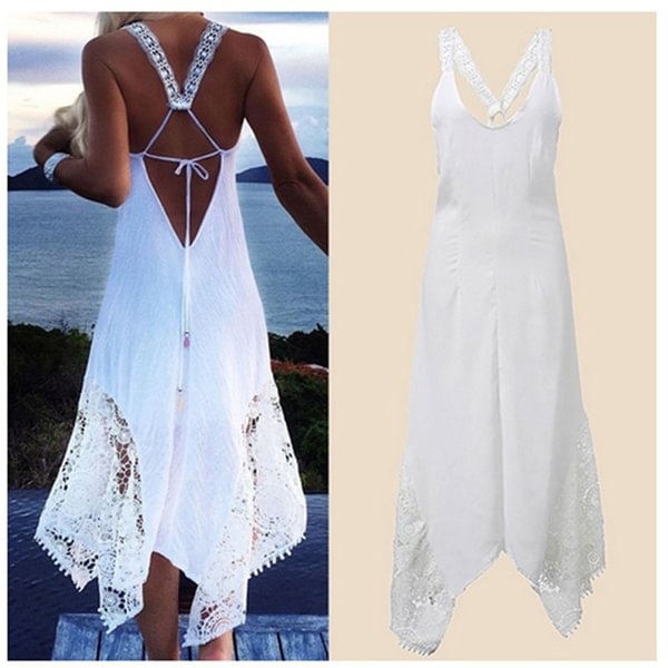 Vintage White Beach Dress Sleeveless O-Neck Black Crocheted Lace Flowers Dresses Women Silk Cotton Sun Gown - Chicaggo