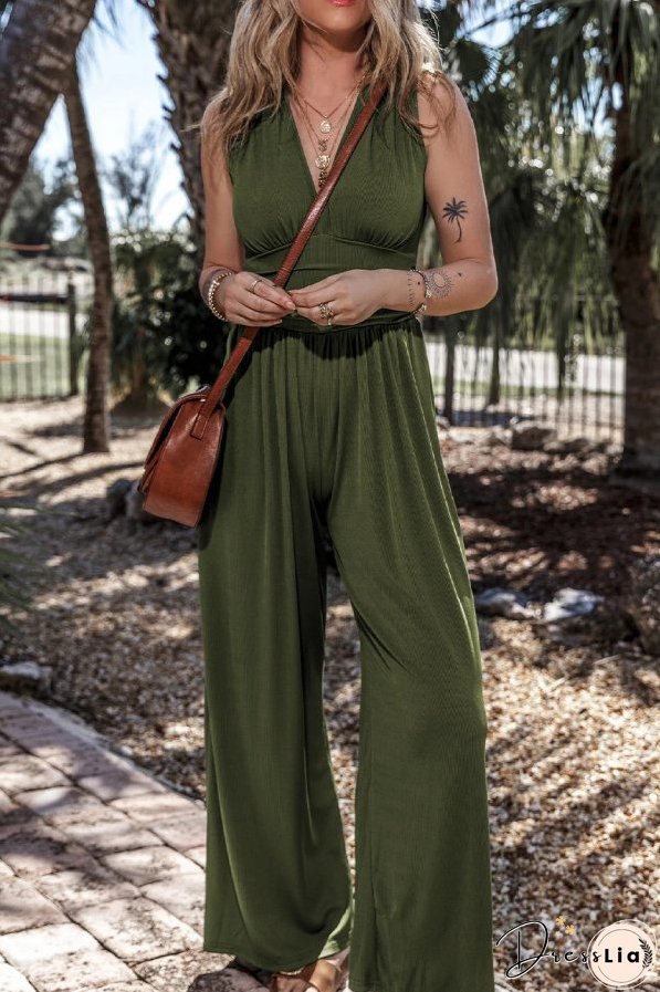 Moss Green Sleeveless V Neck Ruched Wide Leg Jumpsuit