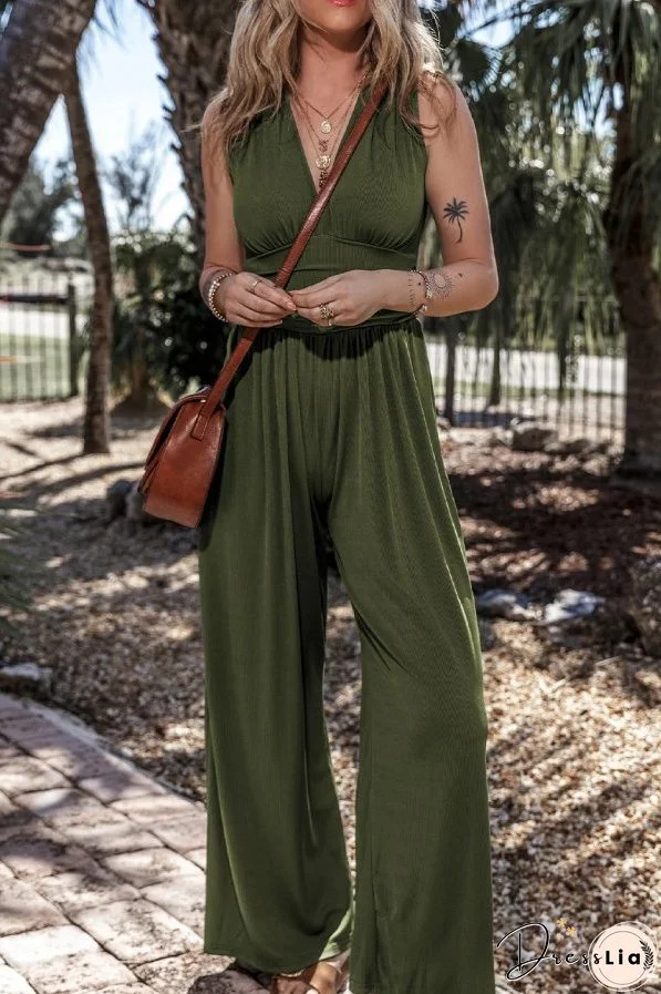 Moss Green Sleeveless V Neck Ruched Wide Leg Jumpsuit