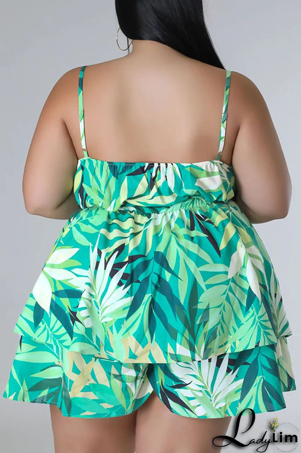 Blue Casual Print Patchwork Spaghetti Strap Plus Size Two Pieces