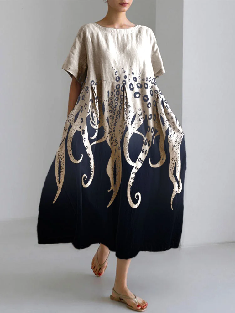 VChics Ocean Octopus Japanese Art Linen Blend Casual Dress