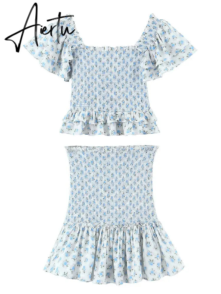 Sexy White Blue Flower Print Flare Sleeve Crop Top Women High Waist Ruffles Mini Skirt Elastic Ruched Corset 2 pieces 1 Set Aiertu