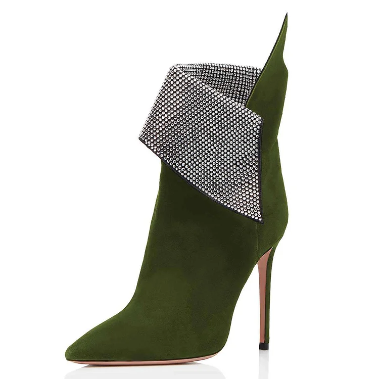 Green Fold Over Rhinestones Pointy Toe Stiletto Heel Ankle Boots |FSJ Shoes