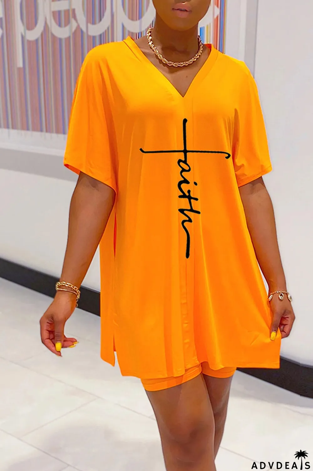 Tangerine Red Casual Print Split Joint V Neck Short Sleeve Two Pieces