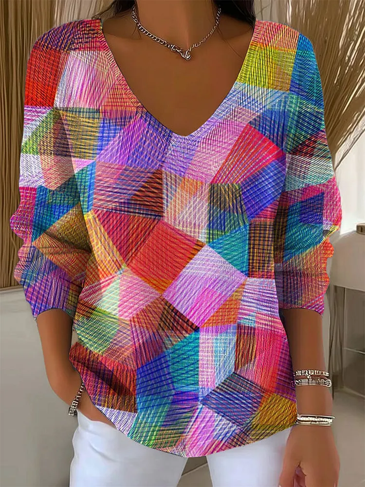 Women's Vintage  Abstract Geometry Art Print Casual Pullover Sweater