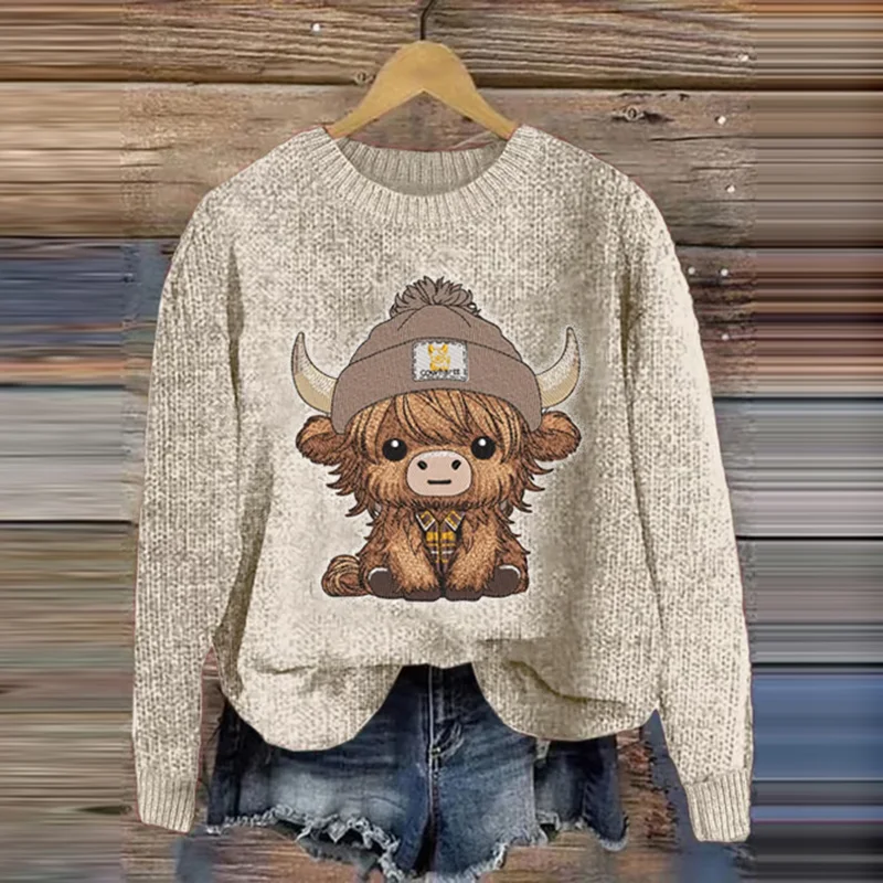 Women's Cute Highland Cow Pattern Cozy Sweater