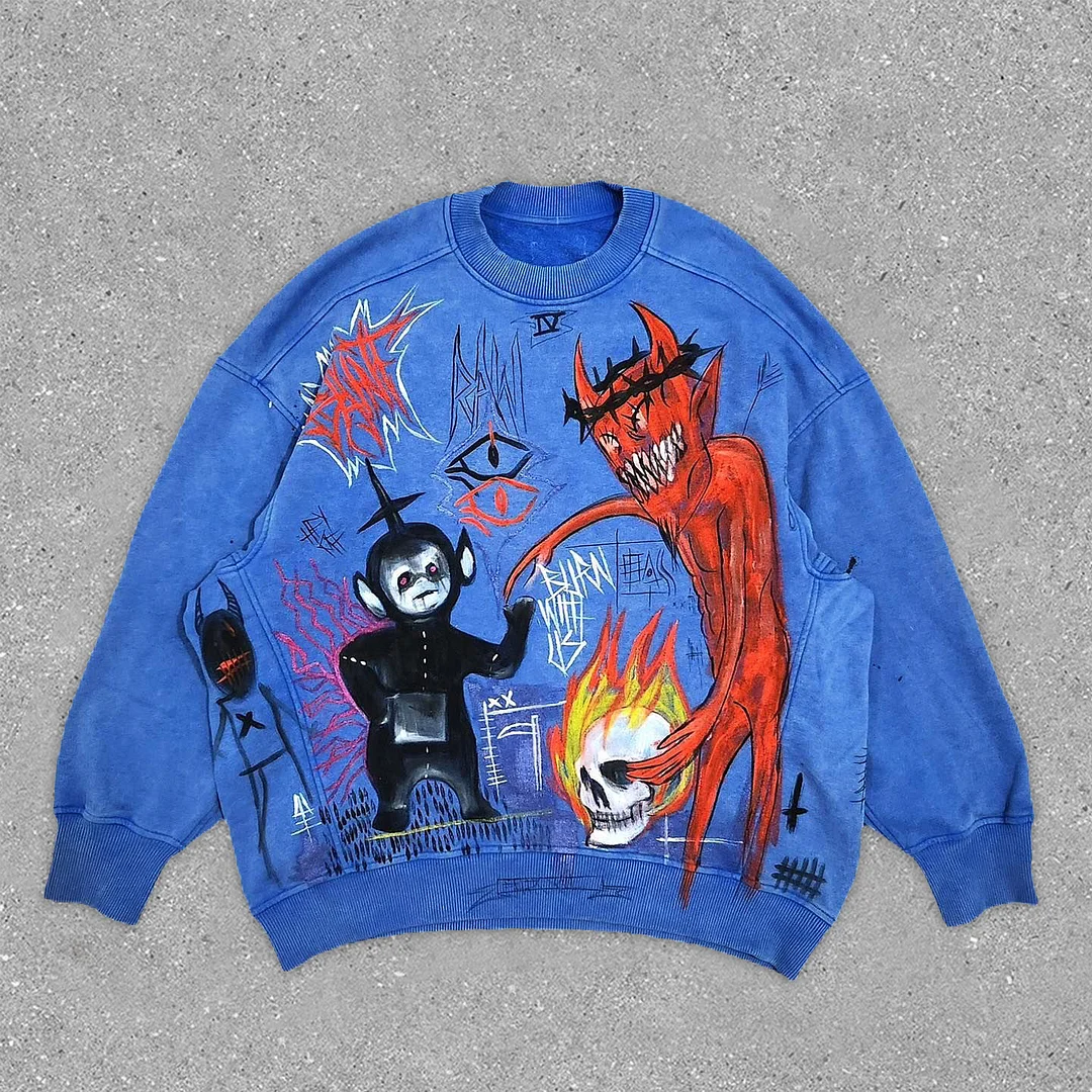 Personalized Retro Childlike Print Long Sleeve Crewneck Sweatshirt