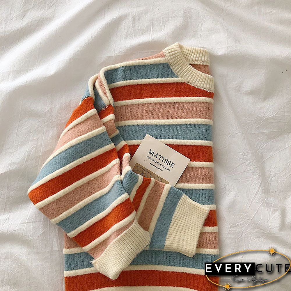 New Women Stripe Sweater Autumn Winter Loose Long Sleeve Pullover Tops Korean Ladies Knitted Patchwork Korean Sweaters