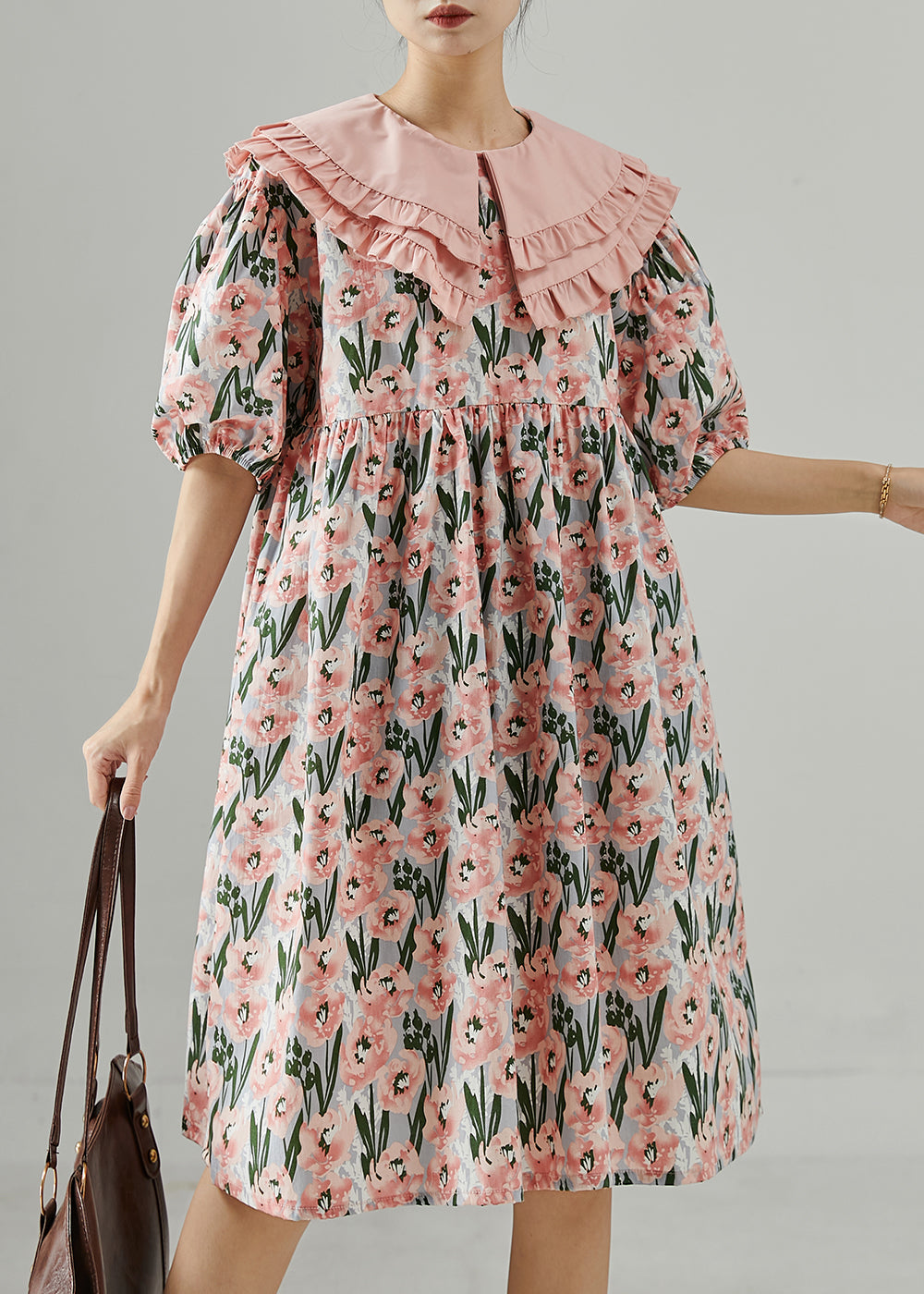 VCSHOES Pink Peter Pan Collar Print Cotton Dresses Summer