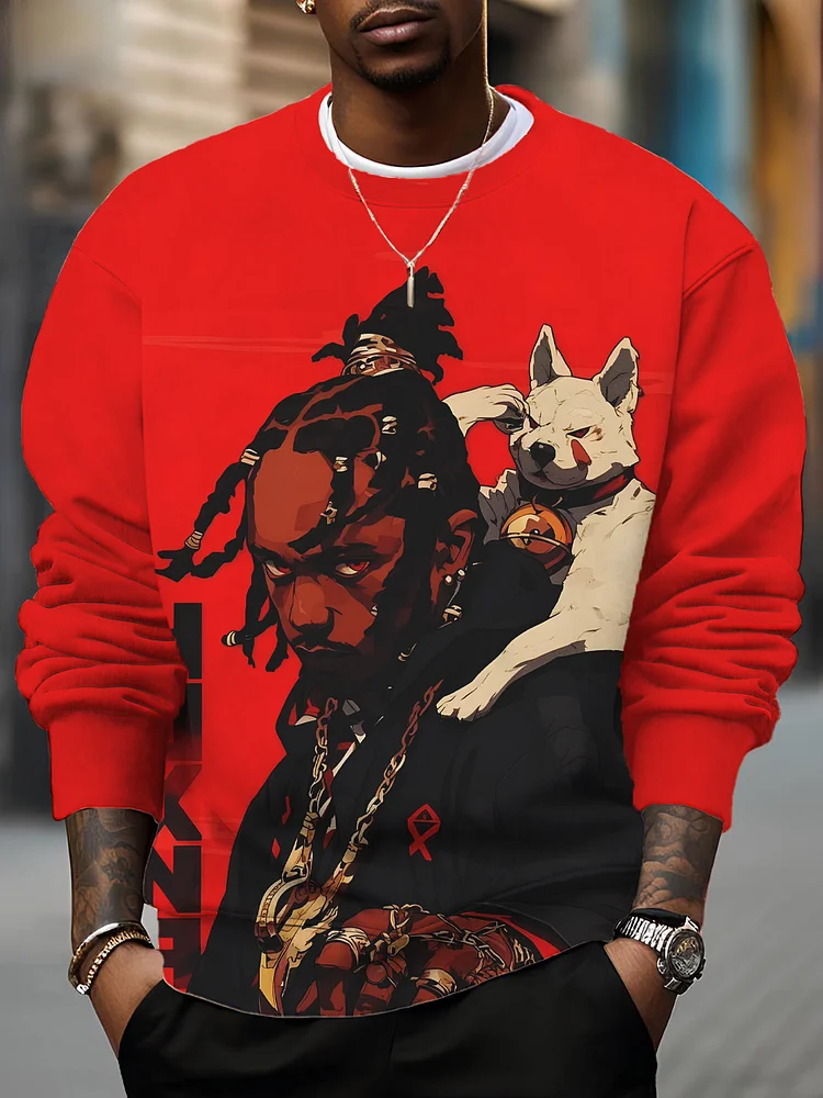 Men's Black Man and Dog Print Casual Sweatshirt