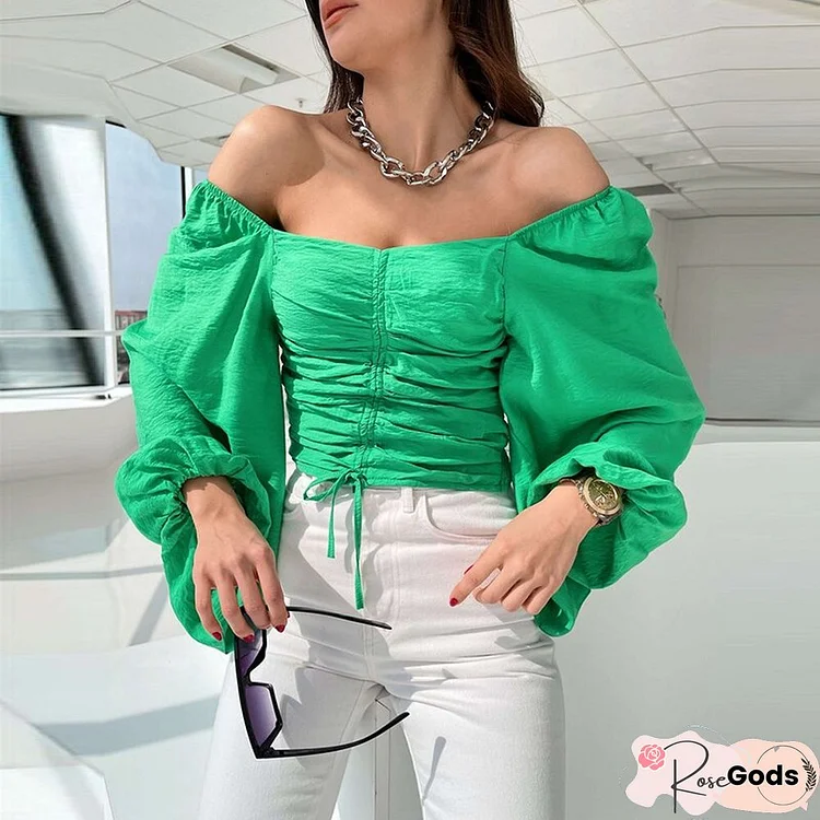 Office Elegant Off Shoulder Slim Blouse Autumn Women Fashion Lantern Long Sleeve Waist Tops Spring Casual Drawstring Solid Shirt