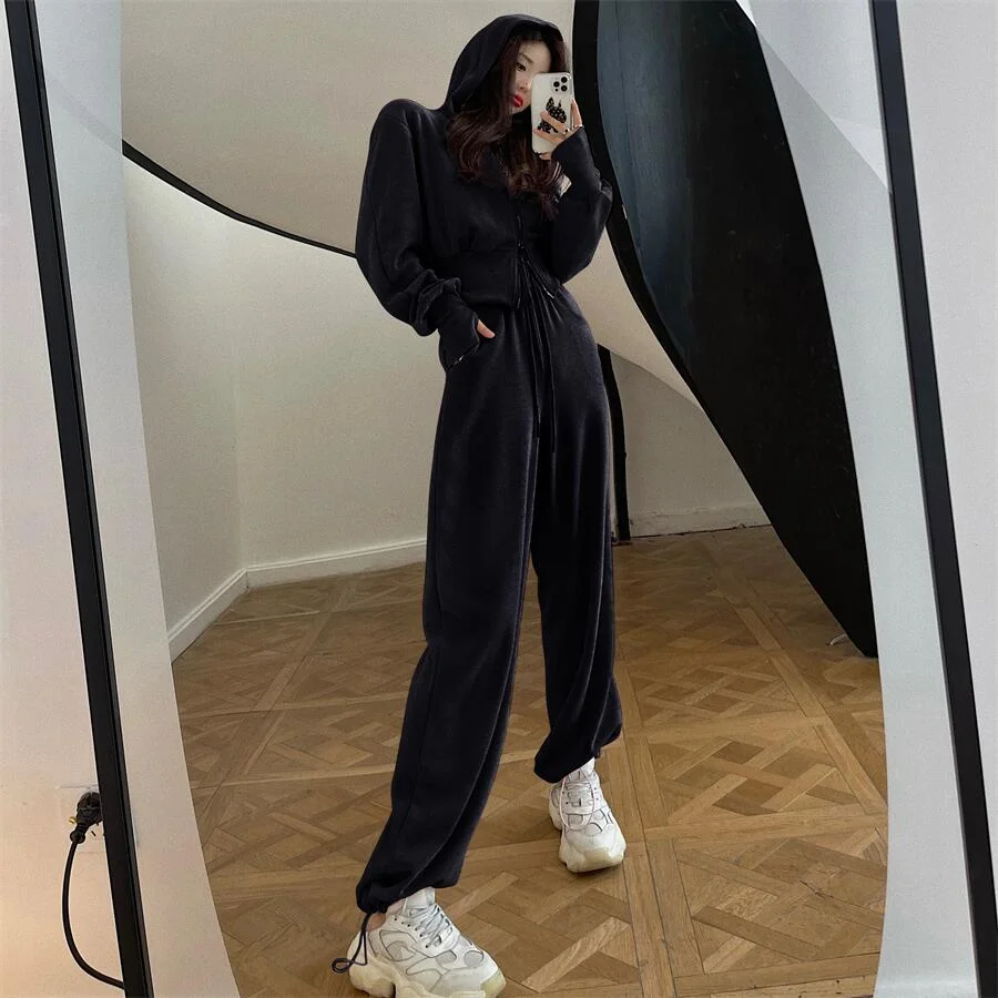 Black Fridays Sales Autumn Sports Two Piece Set Outfits Zipper Hooded Sweatshirt Coat Crop Top And Casual Drawstring Trousers Suits Tracksuit Women