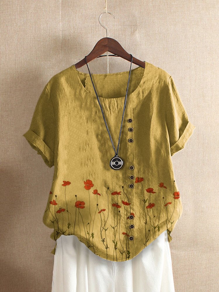 Floral Print Button O neck Short Sleeve Casual T Shirt For Women P1834224