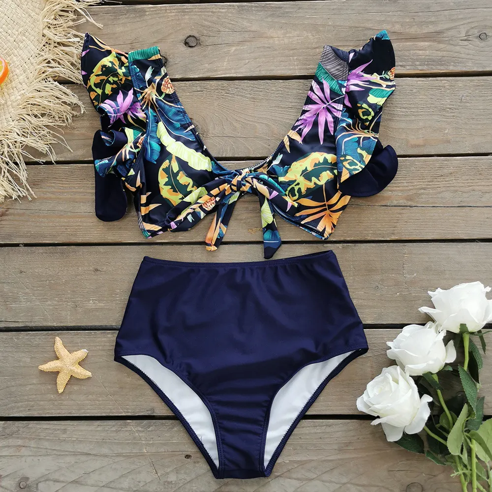 Brownm Bikini2025 New Lotus Edge Bikini Split Swimsuit Sexy High Waist