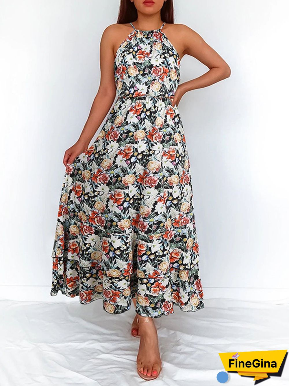 Summer Halterneck Flower Print Maxi Dress P15701