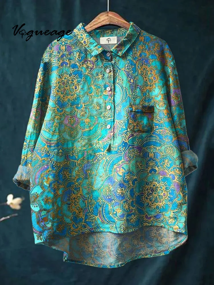 Elegant And Dignified Lines Plants And Flowers Print Cotton And Linen Shirt