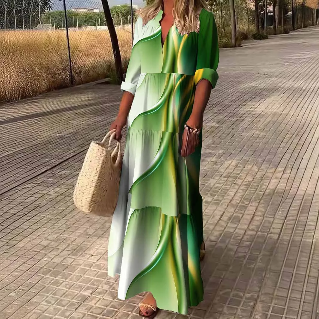 Women Texture, Green DZDN0698 SPU Printed Long Sleeve V-neck Maxi Dress